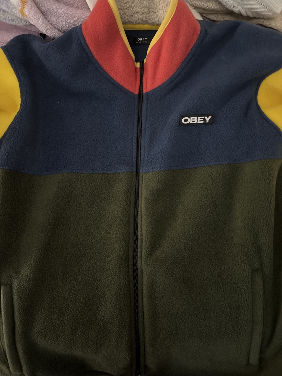 Obey Zip Up Sweater Color Block Large