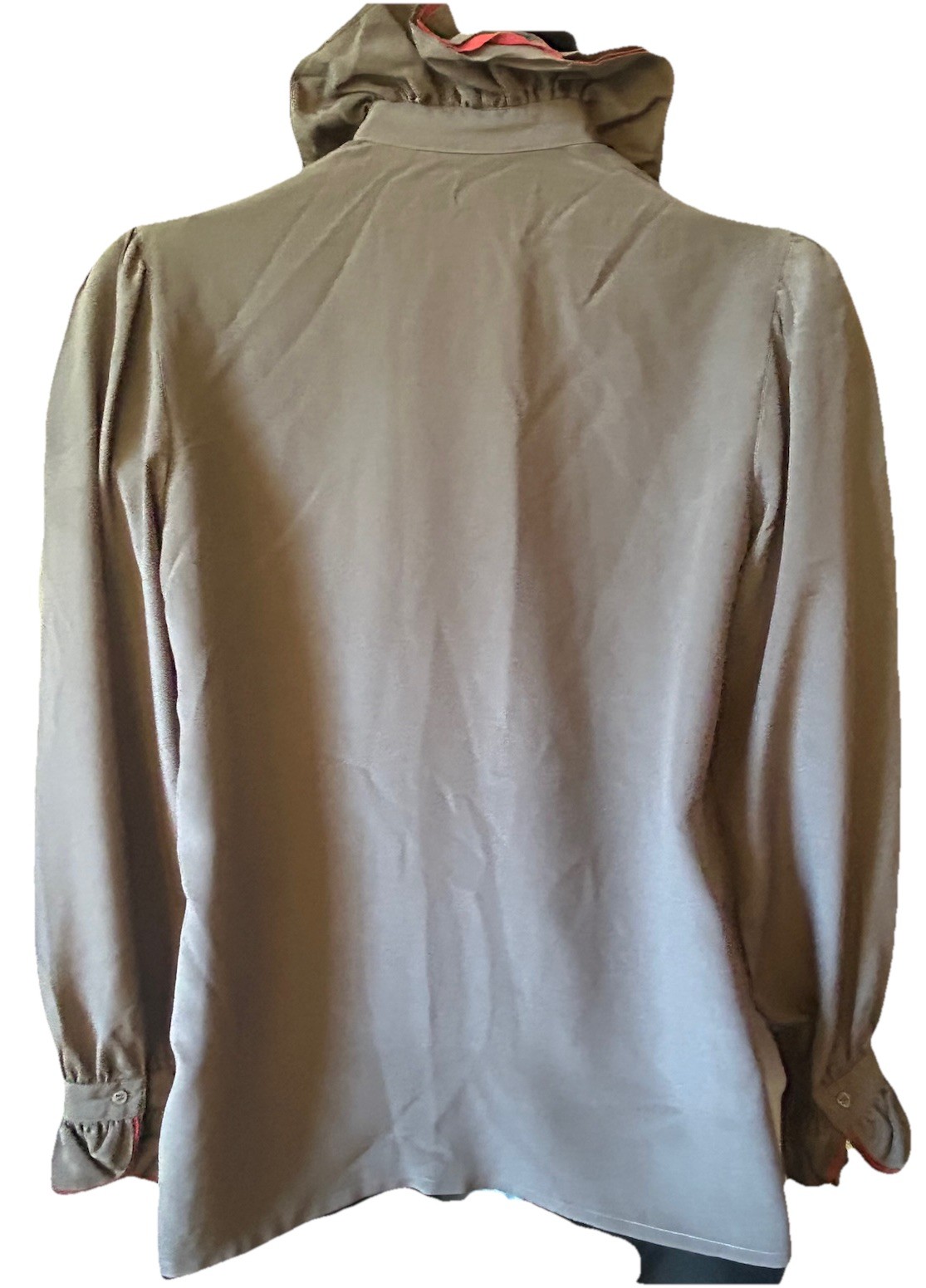 VTG 80’s Royal Silk Gray Red Ruffled Button Front Blouse 10 Neck Tie Unique