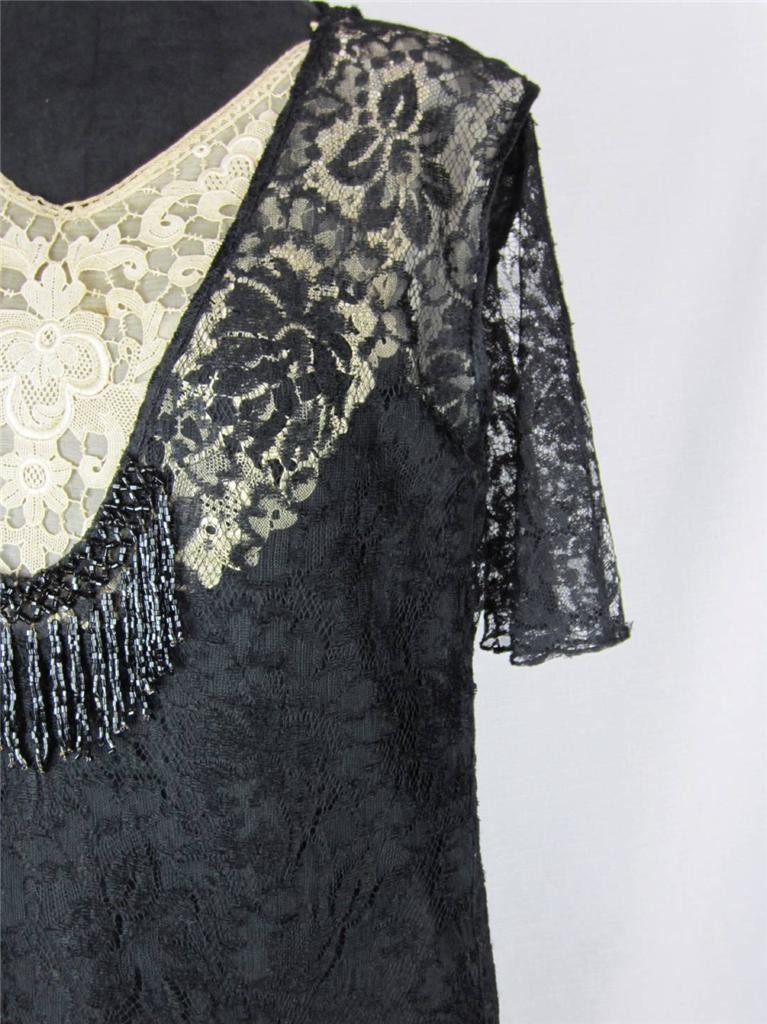 Flapper Dress, Gown Exquisite Beaded Black Lace True VTG 1920s – 30s Paris