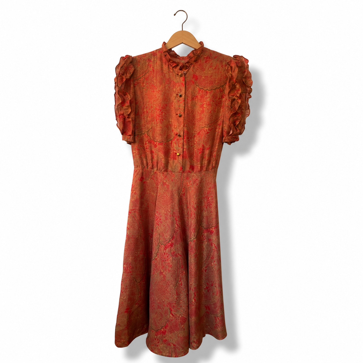 Rare 80s Vintage Pure Silk Dress Baroque Paisley Gold Print Avant Garde M L