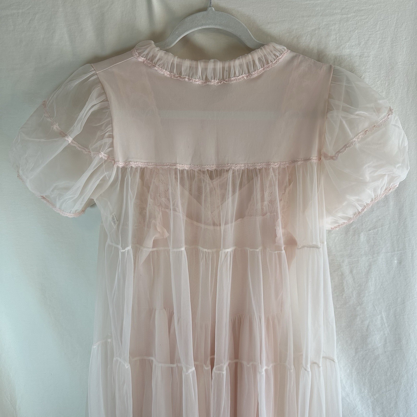Vintage Dutchmaid 60s Pink Peignoir Set Nylon Sheer Robe & Gown Lace Romantic 14
