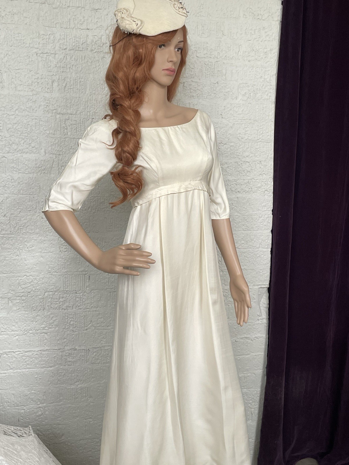 Vintage 1950-60s Raw Silk Wedding Dress w/ Cornelli Milano Beaded Bridal Hat SZS
