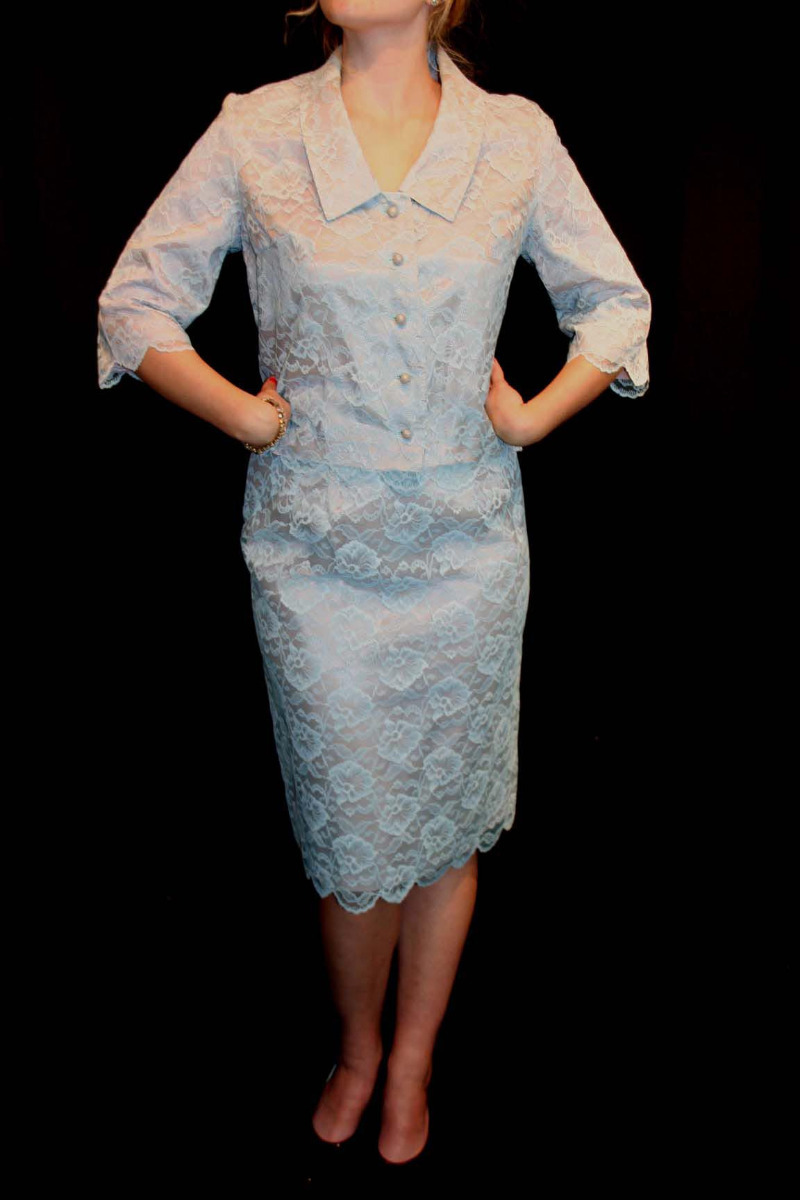 M~L VTG 50s 2 pc DRESS SUIT Jacket Pencil Skirt BLUE FLORAL LACE Over LAVENDER