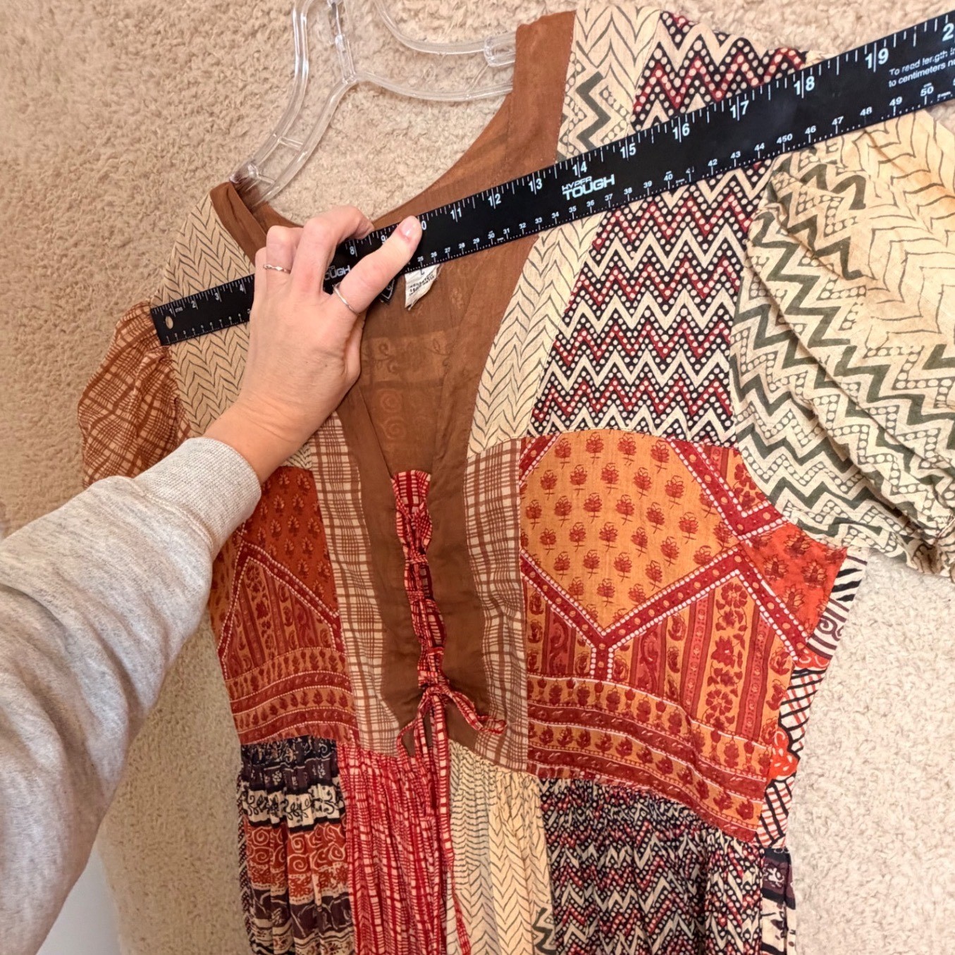 Vintage St Tropez India Patchwork Cotton Peasant Babydoll Midi Dress L Boho