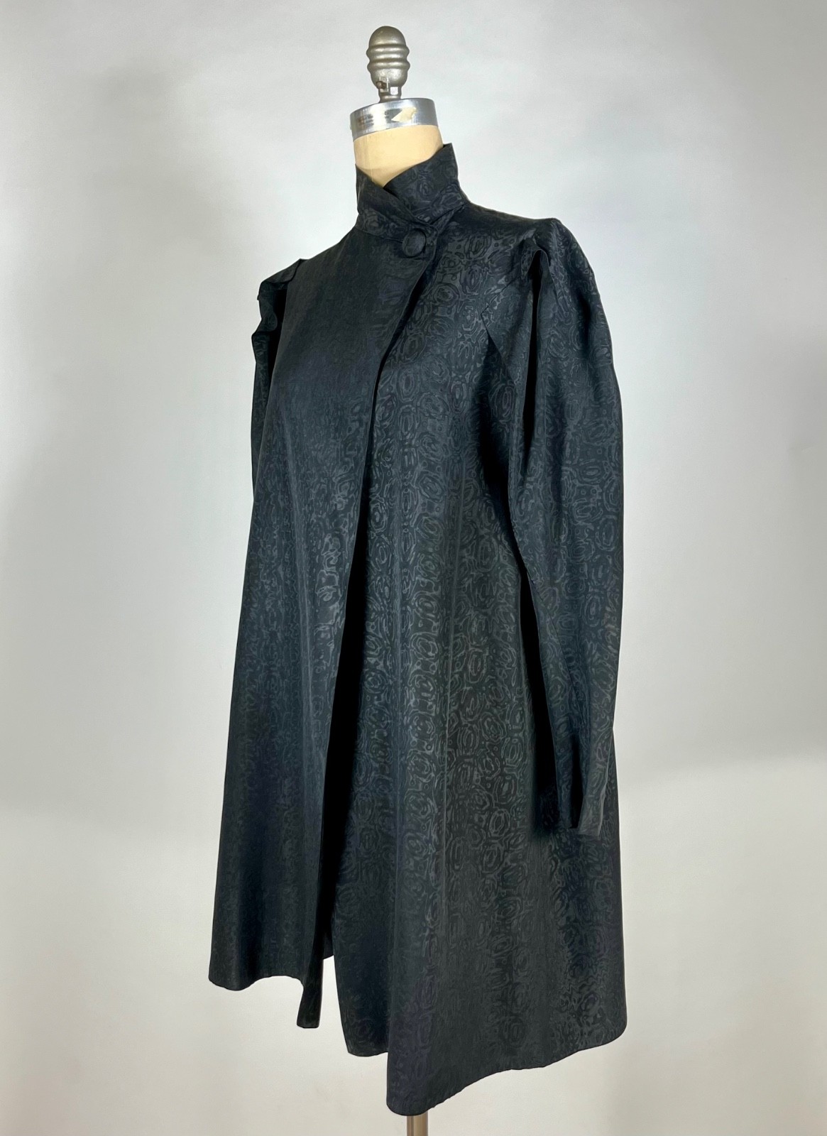 Vintage 1930&rsquo;s black double-faced MOIRE SILK opera coat w/unique shoulder design