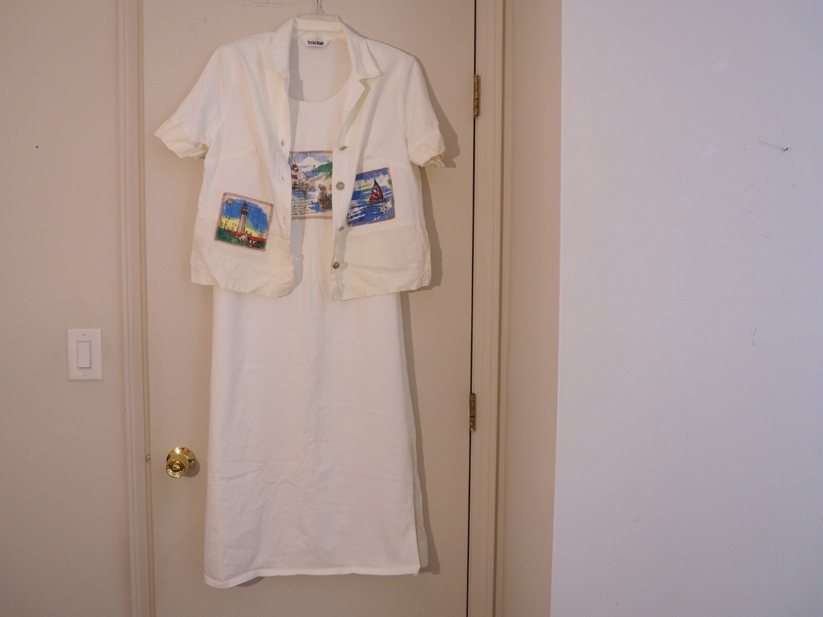 PICCALINO WOMAN White Cotton/Linen Trim Marine Patchwork Dress & Jacket Size 14P