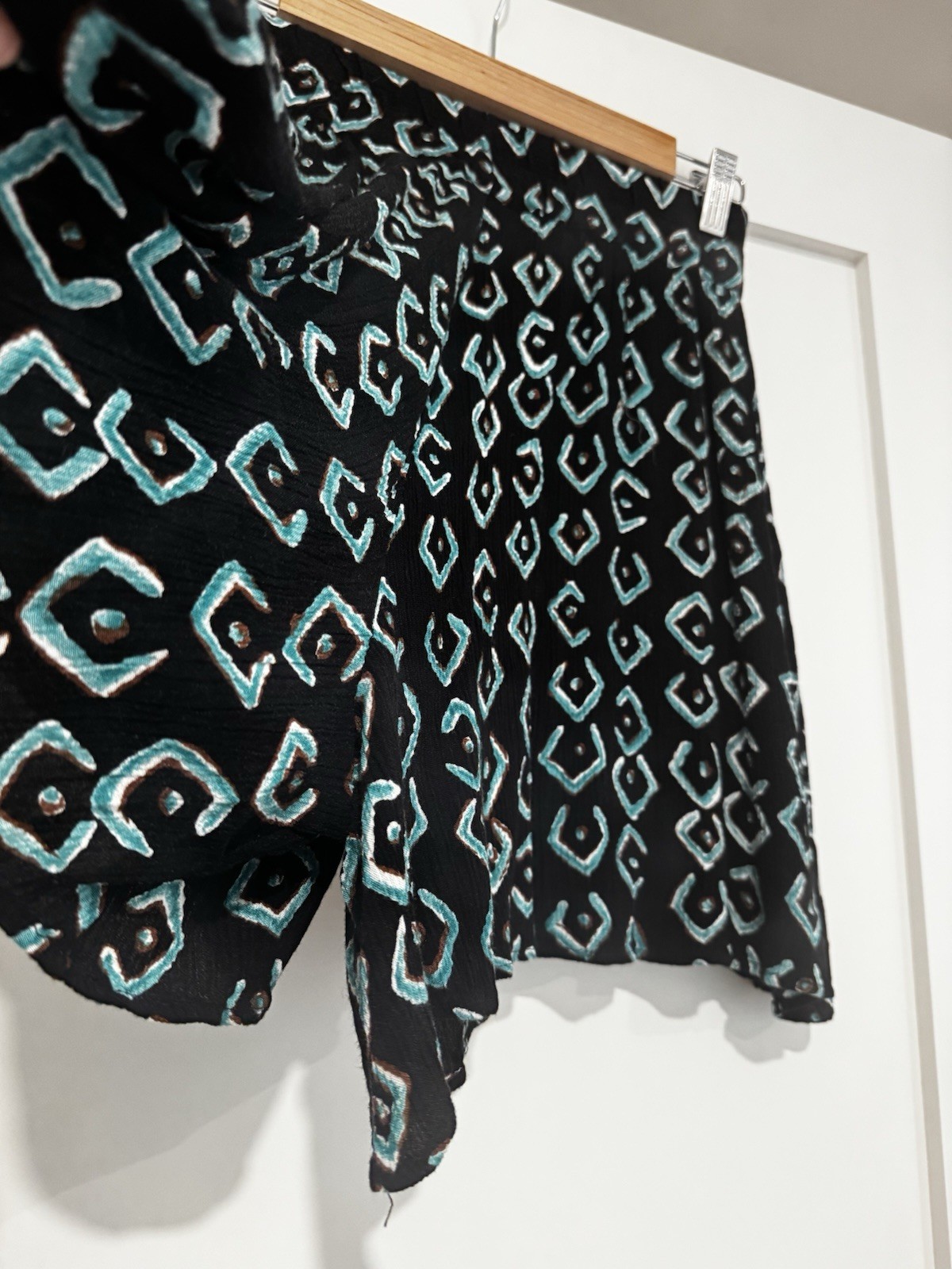 Vintage 90s Rayon Crinkle Skort S Black Teal Geometric Tribal Boho Festival