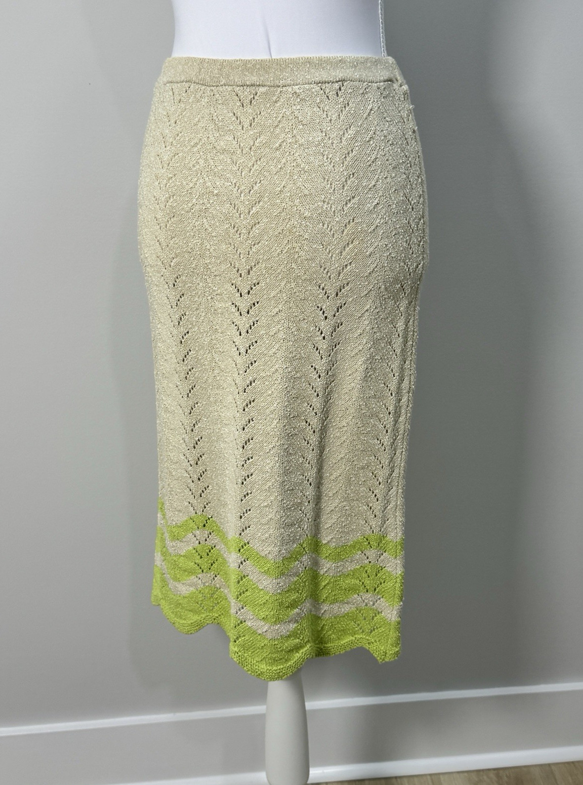 Vintage 1960s Mister Sig Knit Top Skirt Set Cream Lime Green ILGWU Small