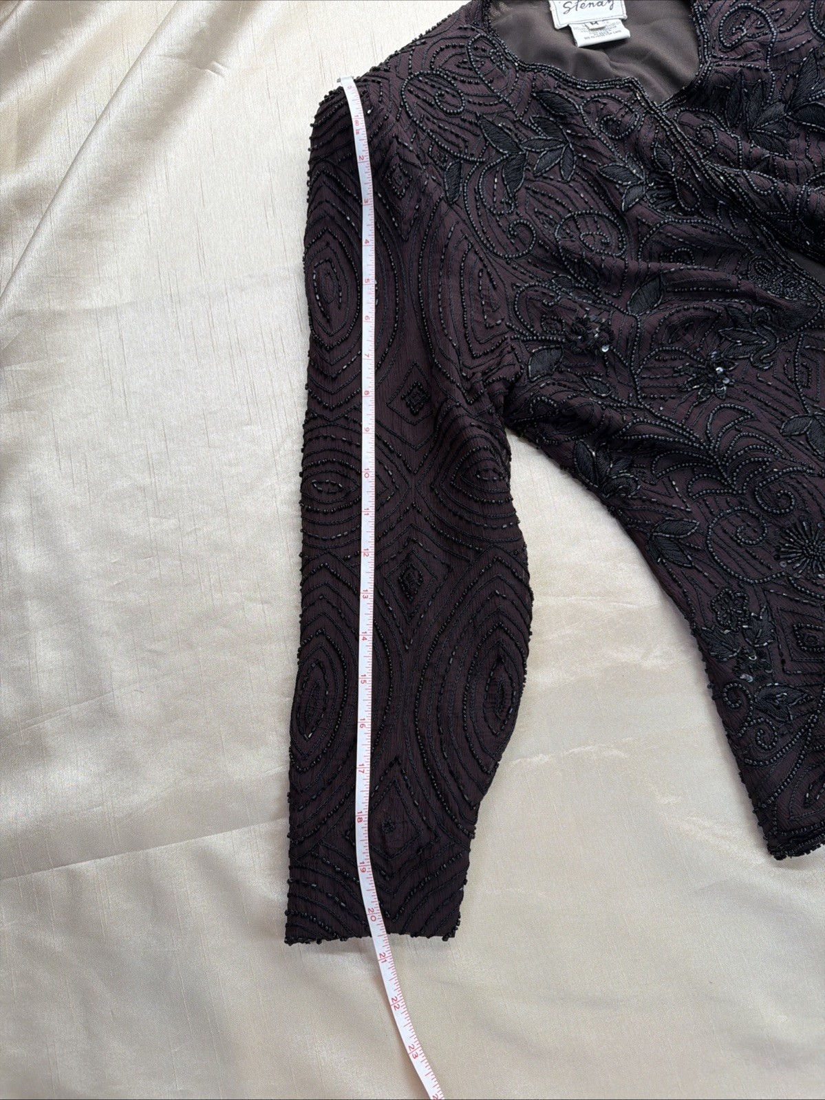 1980s Stenay Luxe Women Evening Jacket Brown & Black Beaded Silk Shrug Sz M