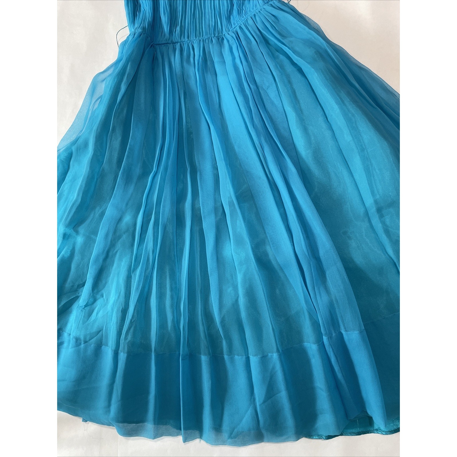 Vintage 50s 60s Chiffon Dress Prom Party Aqua Turquoise Waist 24 (SEE FLAWS