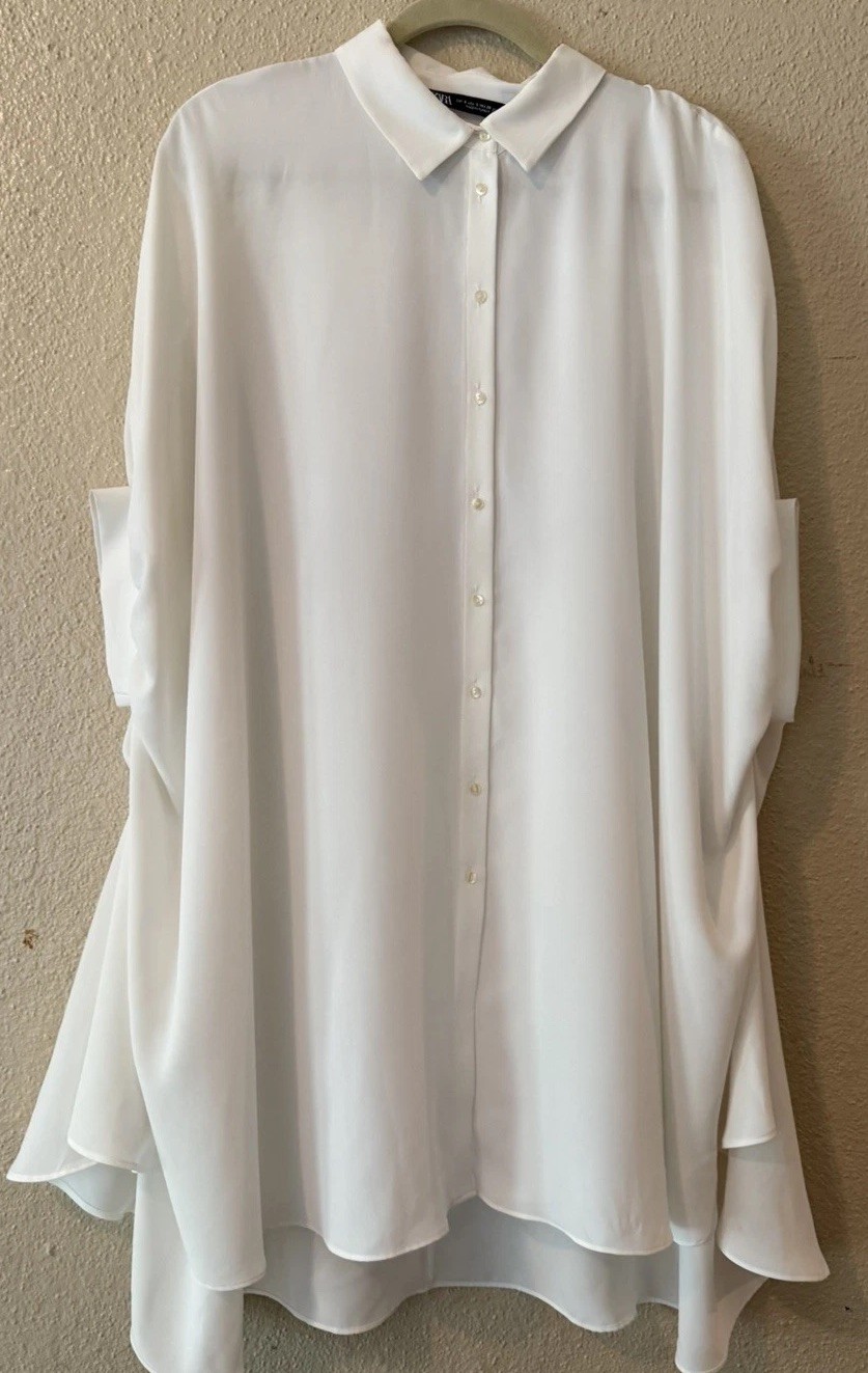 ZARA White Oversized Shirt Dress S High Low Hem Batwing Button Front