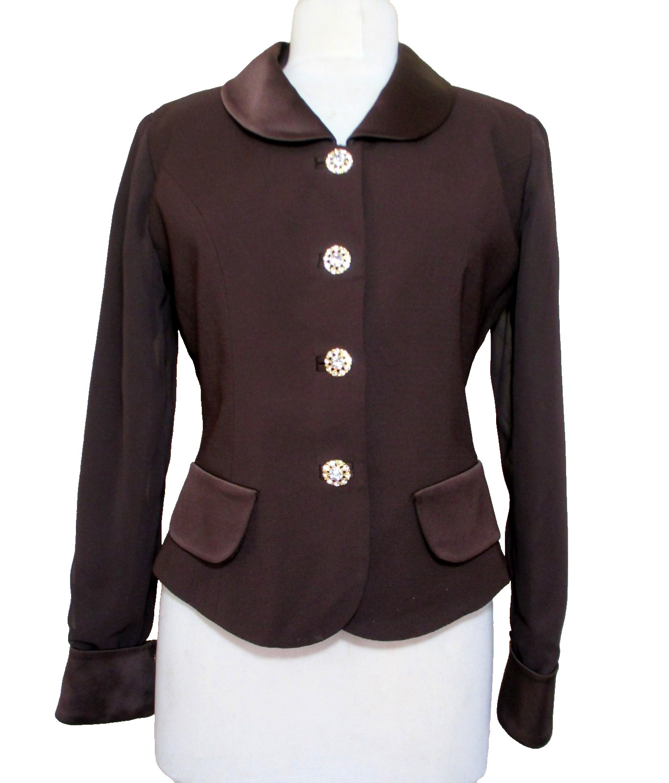 Vtg Heiser-Egan Evening Jacket M Women Brown Faille Satin Trim Crystal Buttons