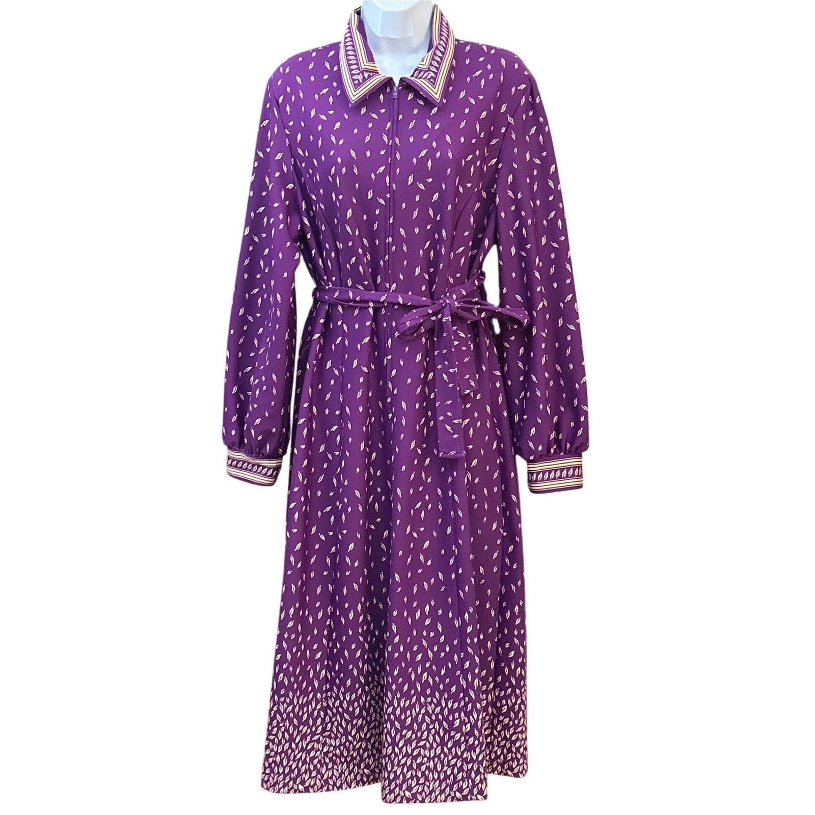 Vintage 70s Lady Carol of New York Purple Leaf Zip Front Midi Dress Mod Retro