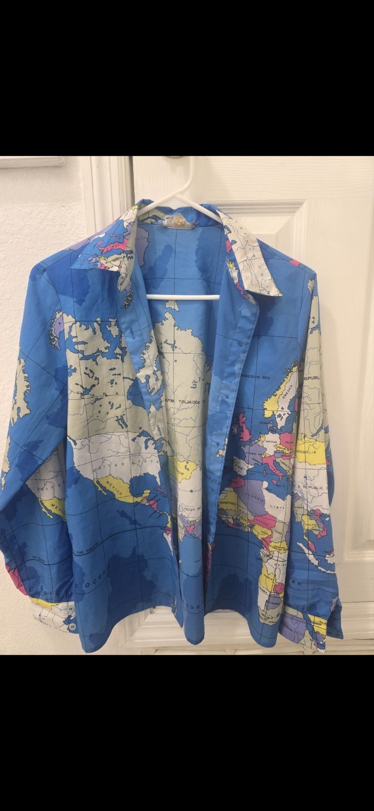 Vintage Womens Map Print Button Up Shirt King James Colorful Statement