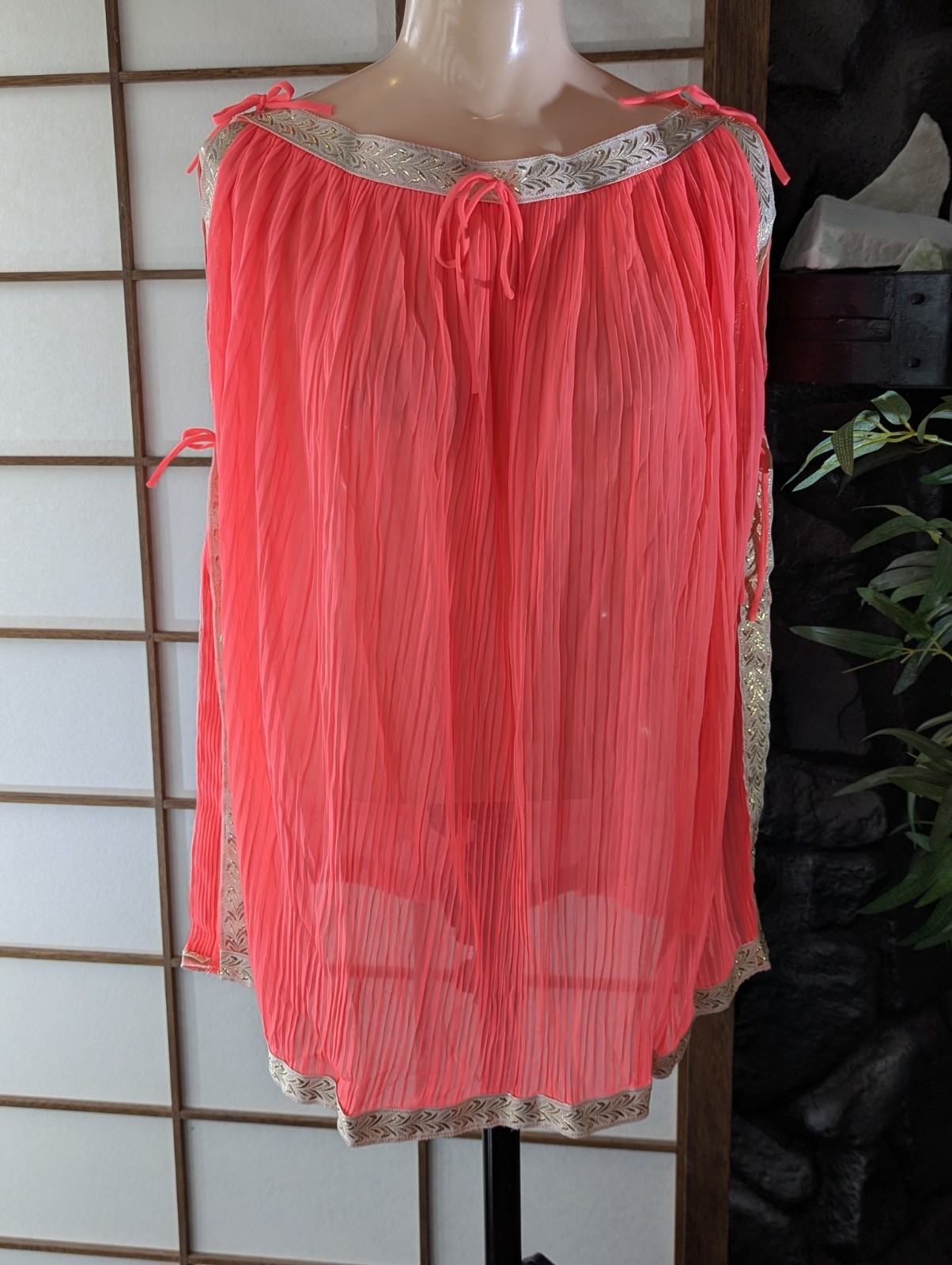 Vtg 60s GMC Grecian Style Bright Coral Baby Doll Nightgown Sz Med Swim Cover-Up