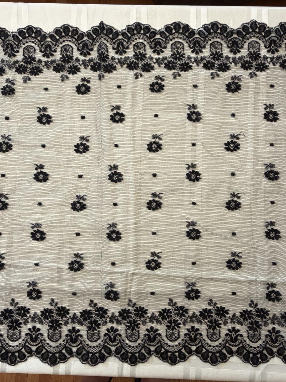 Early 1900s Black Embroidered Silk Chantilly Lace Scarf Table Runner Shawl 20×46