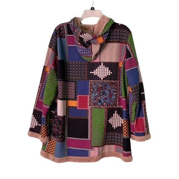 Hippy Patchwork Coat Faux Fur Lined Hooded Multi-Colored Pockets (Size XXL)