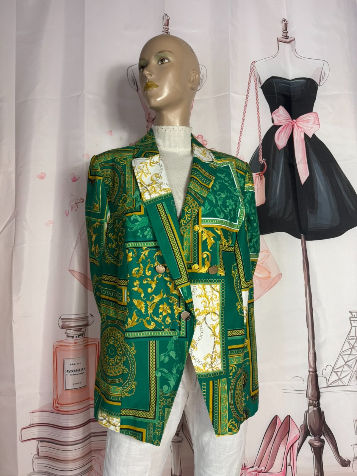 Luxury Blazer Cotton Silk Emerald Green Gold Baroque Size 44 46✨