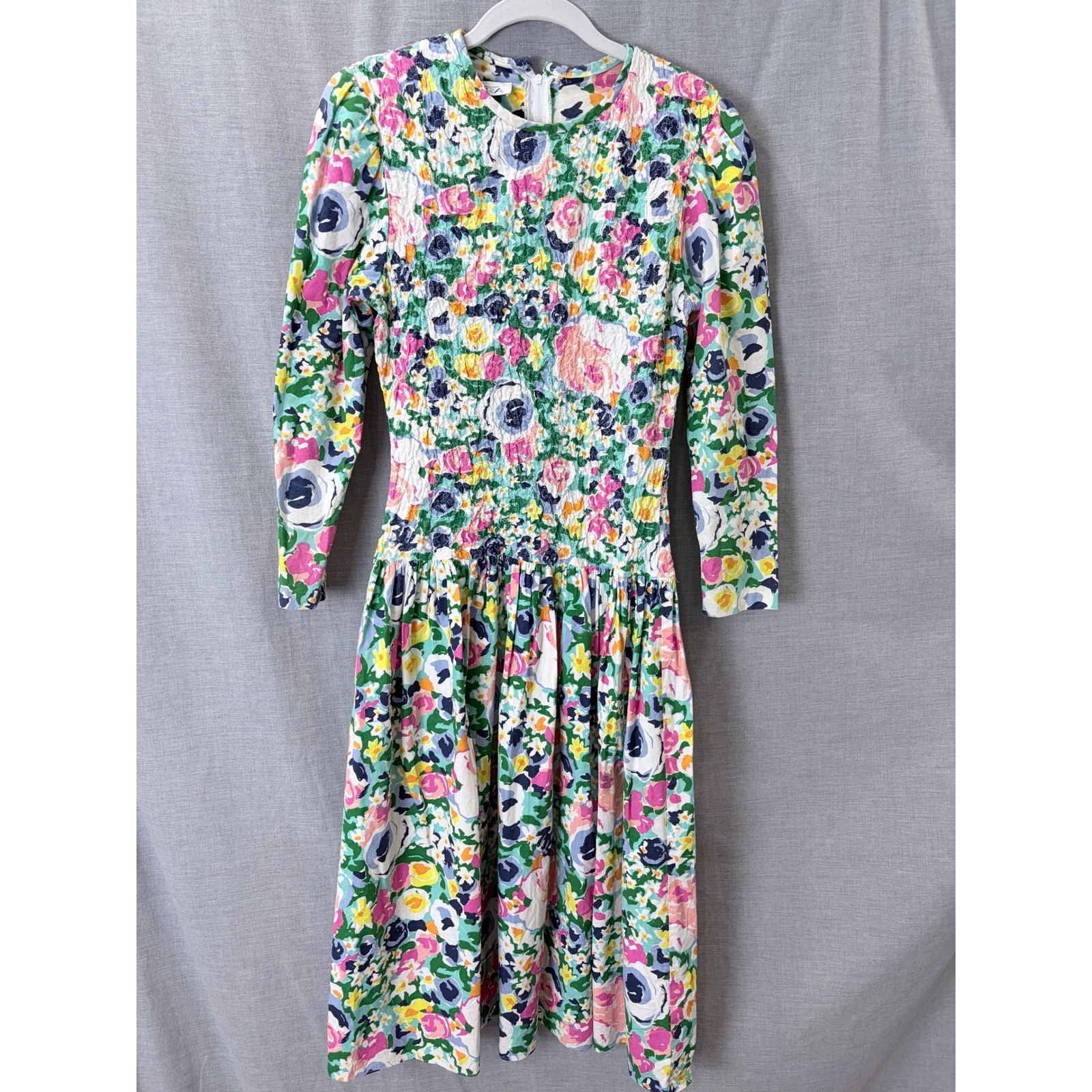 Antara Vintage 90s Floral Smocked Bodice Midi Dress Multi Color Cotton 5