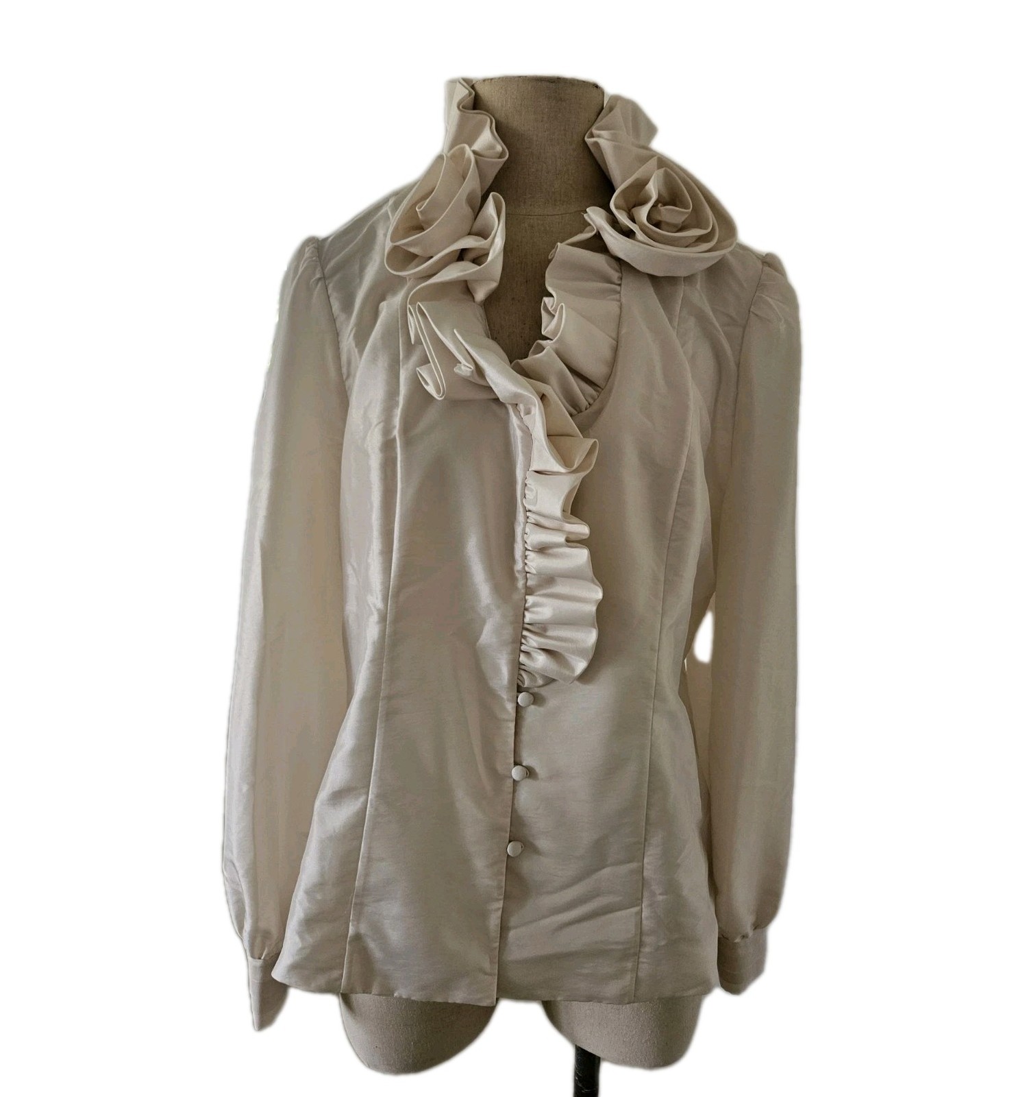 VTG J Peterman Rosette Ruffle Blouse Cream Taffeta High Neck Edwardian Size 14