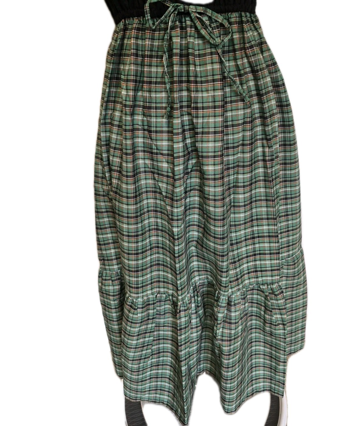 1960s 70s Vintage Womens Dress High Waist Green Plaid Schoolgirl Cinch Tie Bust