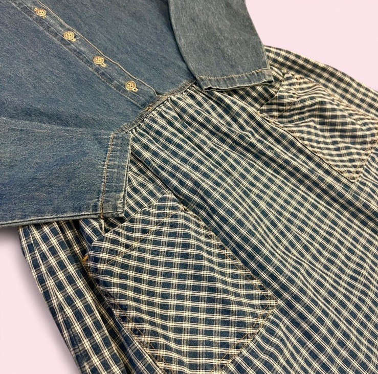 Vintage Denim Gingham Patchwork Maxi Dress Blue Cottagecore 90s