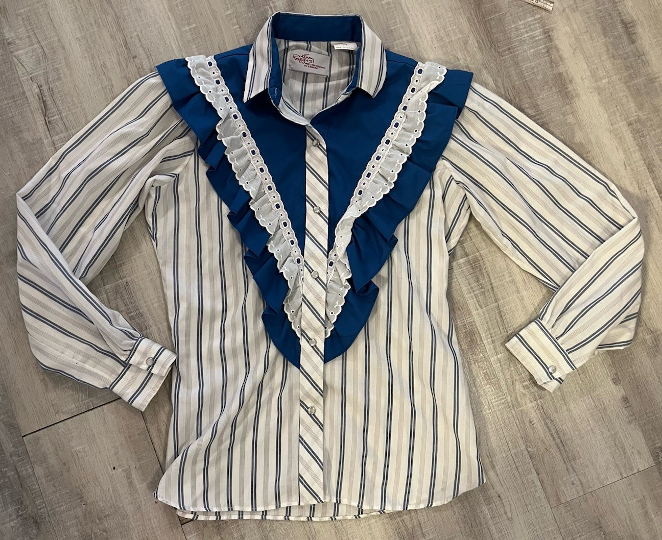 VTG 80s Ruffle Western Shirt Kenny Rogers by Karman Pearl Snaps Stripe Blue S/M
