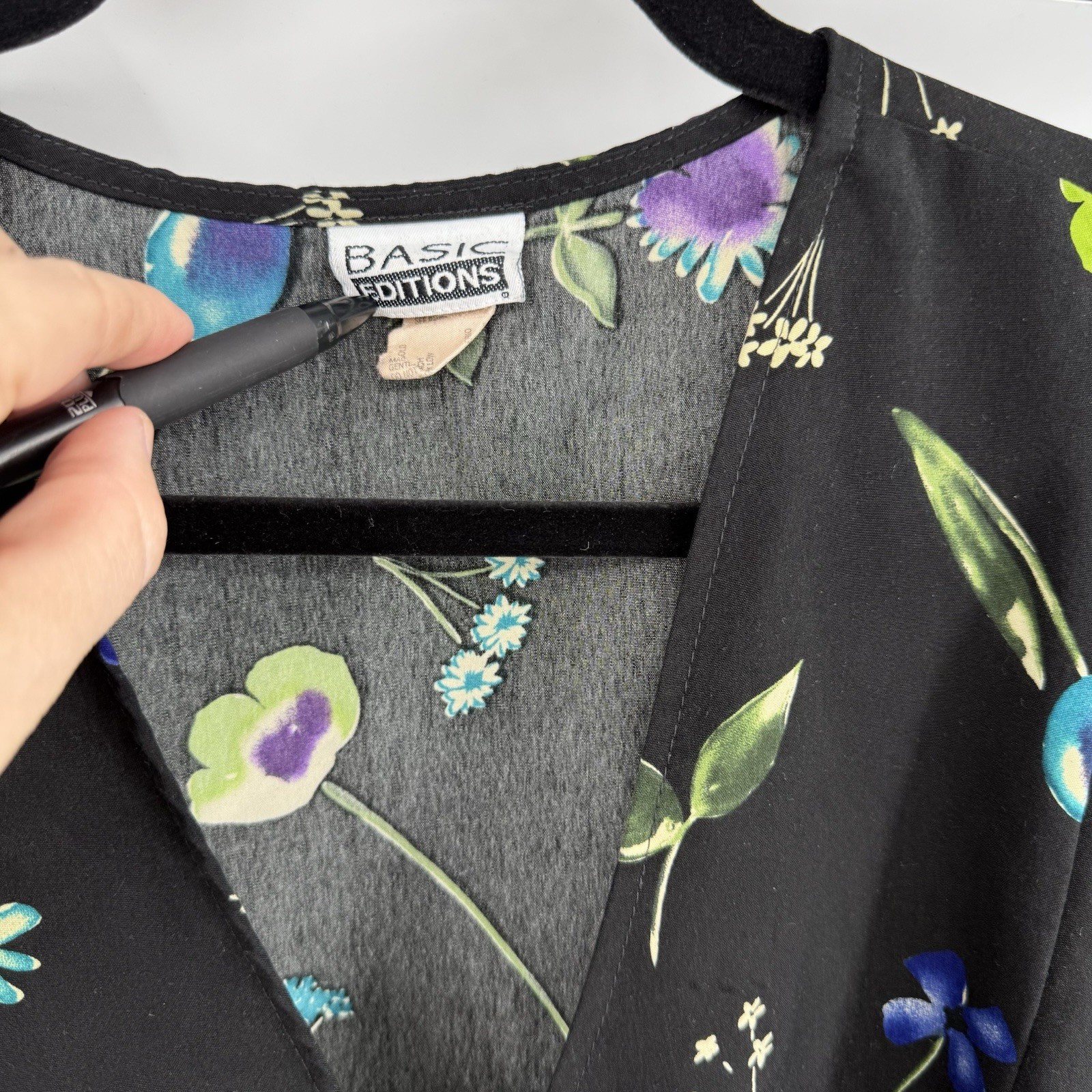 Vintage 90s Basic Editions Black Wrap Dress with Floral and Fruit Print Size 12