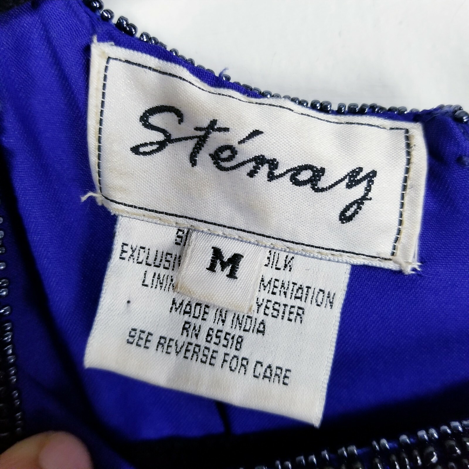 Stenay Medium beaded evening blouse Women royal blue short sleeve zip up vintage