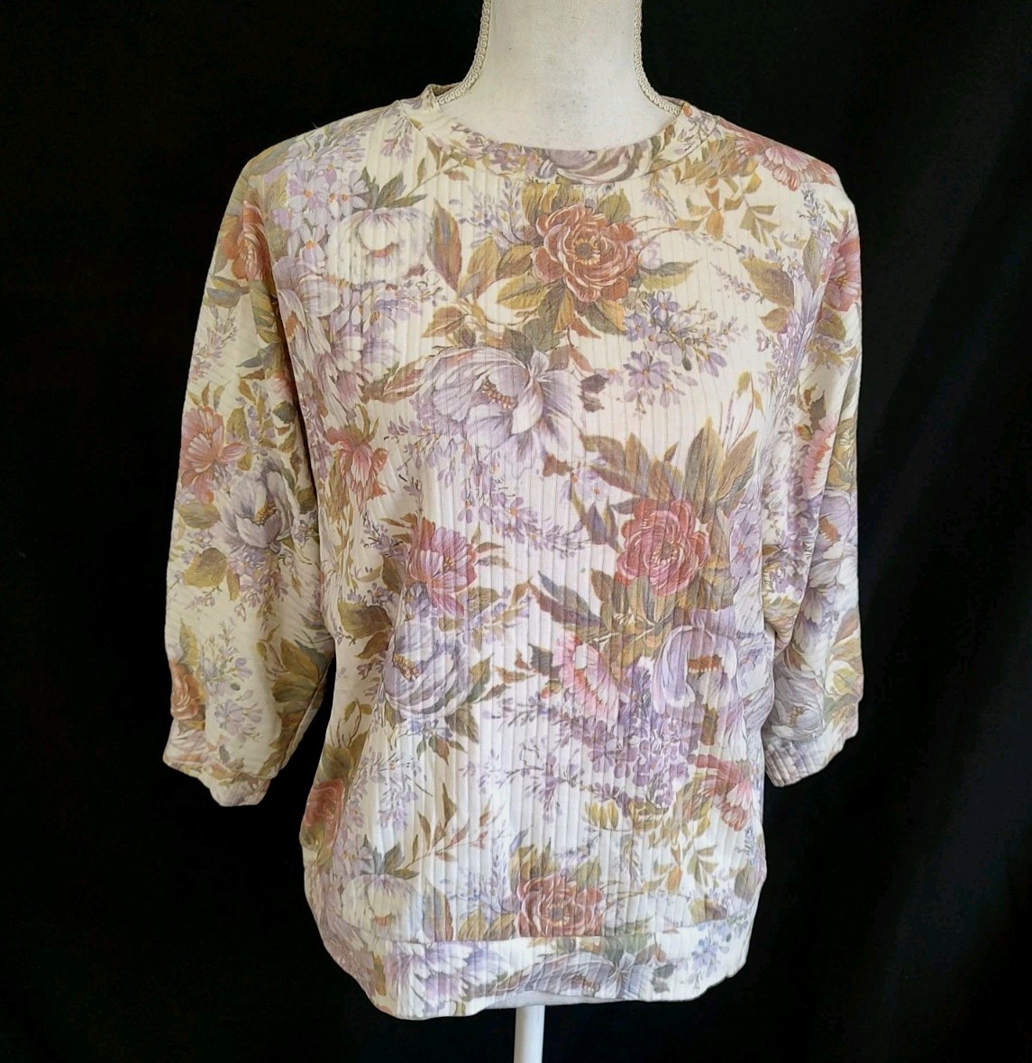 80&rsquo;s Vintage Shirt Rib Knit Top Westbourne Floral Romantic Slouchy 3/4 Sleeve L