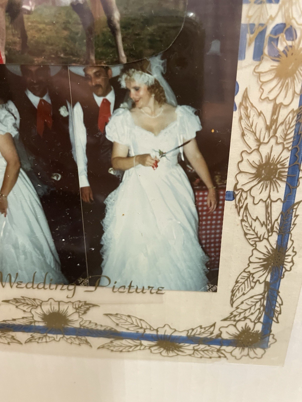 Vintage SZ 14 White Wedding Dress with Lace, Pearls, and Puffy Sleeves