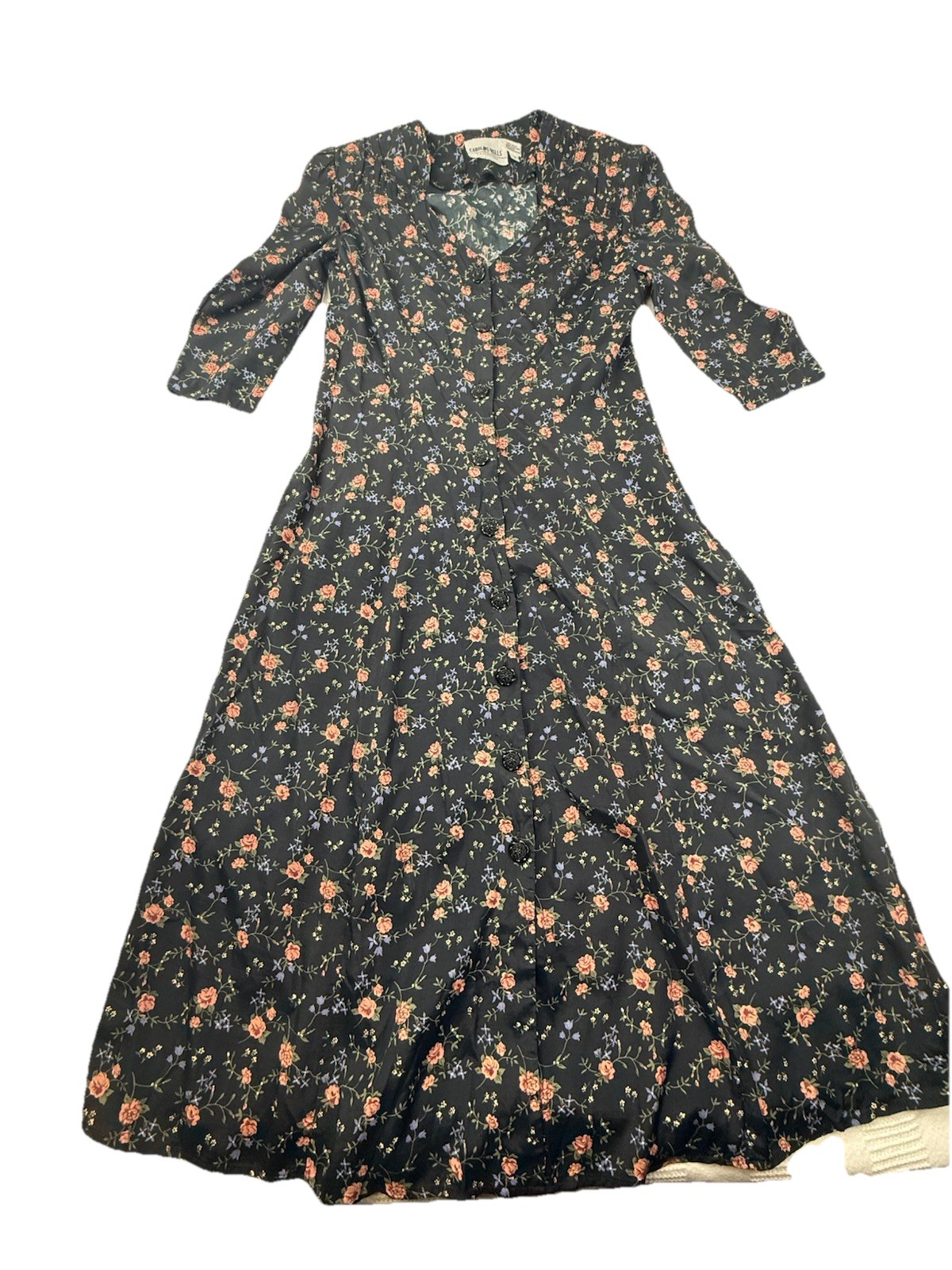 VTG Women Floral Midi Dress Sz 6 M Black Cottagecore Whimsigoth Fairycor Lace Up