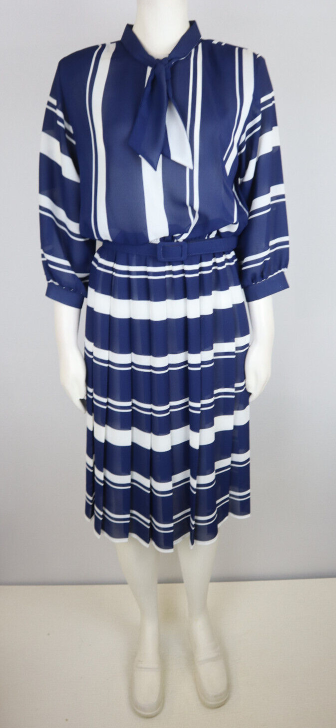 VINTAGE WOMEN&rsquo;S SHEER BLUE STRIPED BELTED DRESS – LADY CAROL – SIZE 10P
