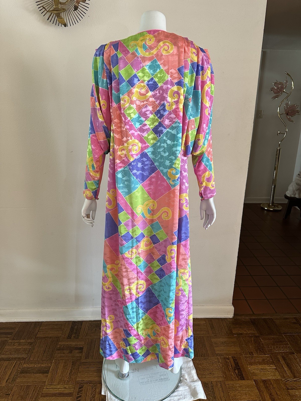 1980s David Brown Brocade Hostess Dress Maxi Resort Geometric Neon Deco Mumu VTG