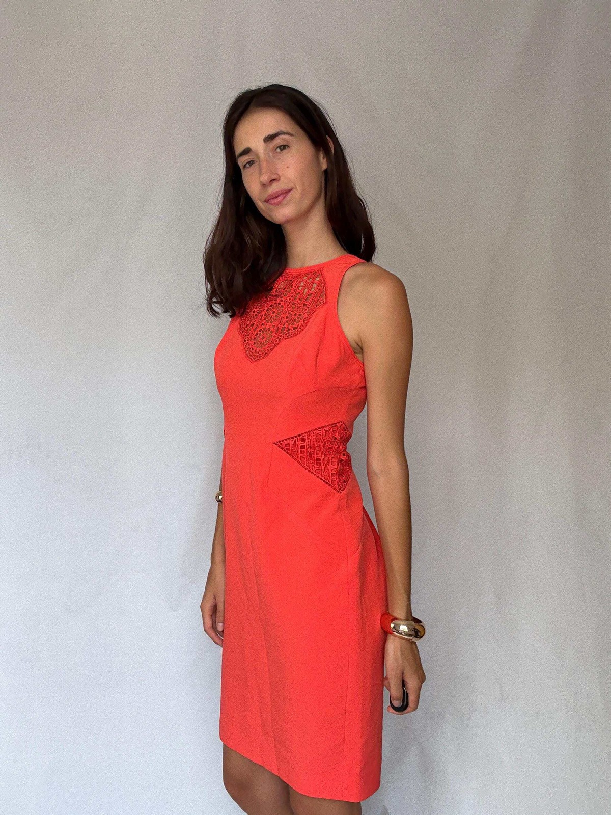 Karen Millen coral lace panel bodycon, EU40,Luxury designer clothing,