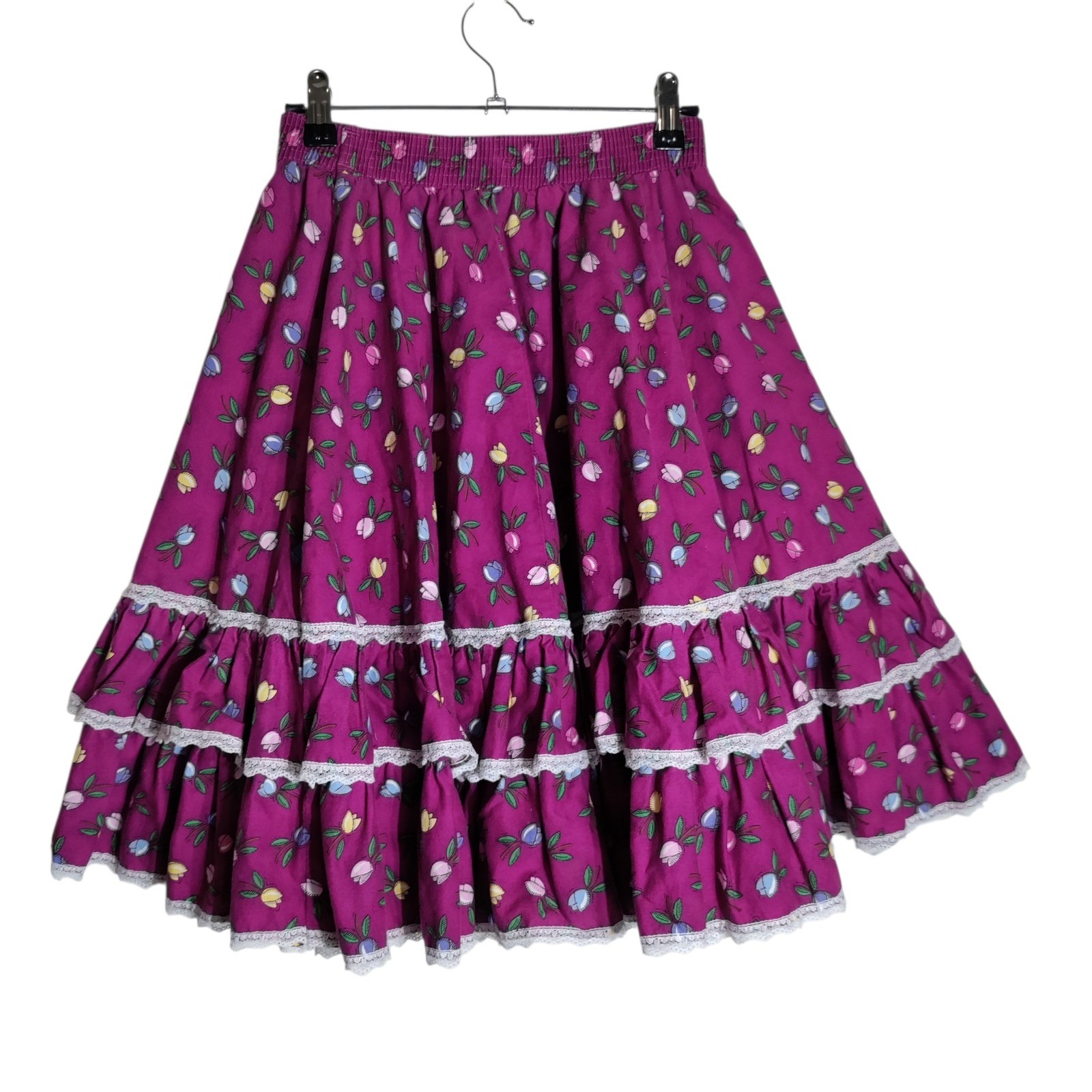 Malco Modes Vintage Purple Floral Square Dance Skirt Lace Trim Tiered Cotton S
