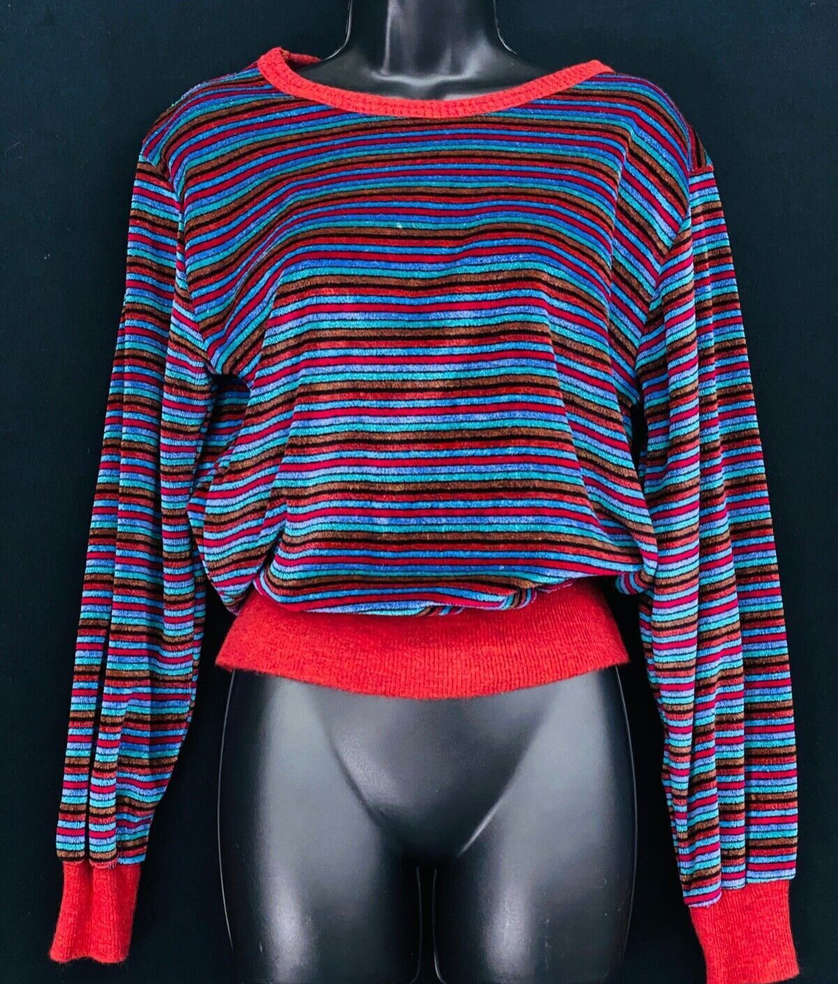 Vintage 1980s velvety shirt, stripes velour purple red top oversize M L