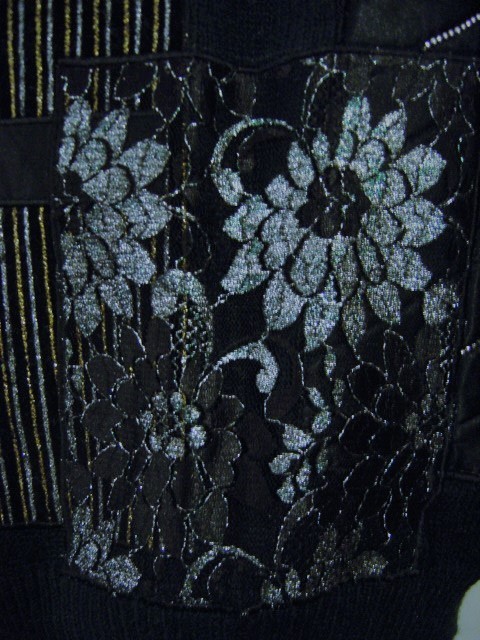 VINTAGE 80s GLAM BLACK SEQUIN SATIN LACE EMBELLISHED CHRISTMAS PRESENT SWEATER M