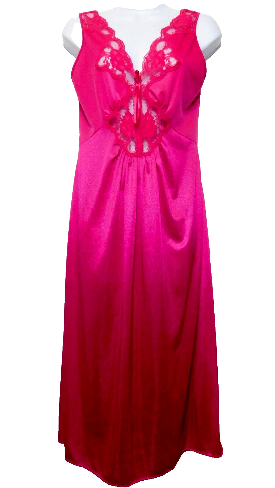 Vintage Adonna Silky Satin Nightgown M Wide Sweep Stretch Lace Pink Plunge 1970s