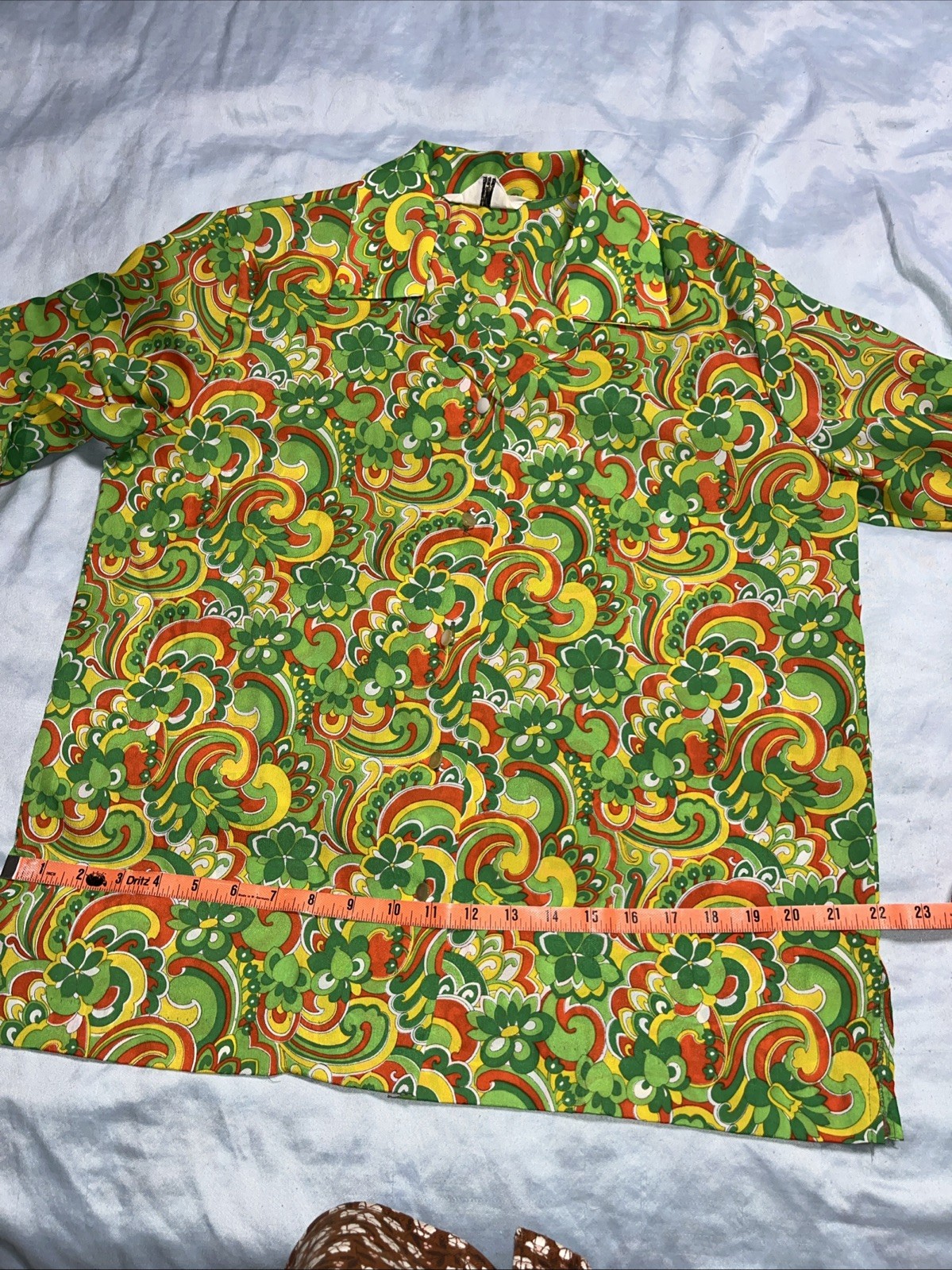Vintage Bright Green Yellow Red Mod Flower Power Poly Long Sleeve Womens Shirt
