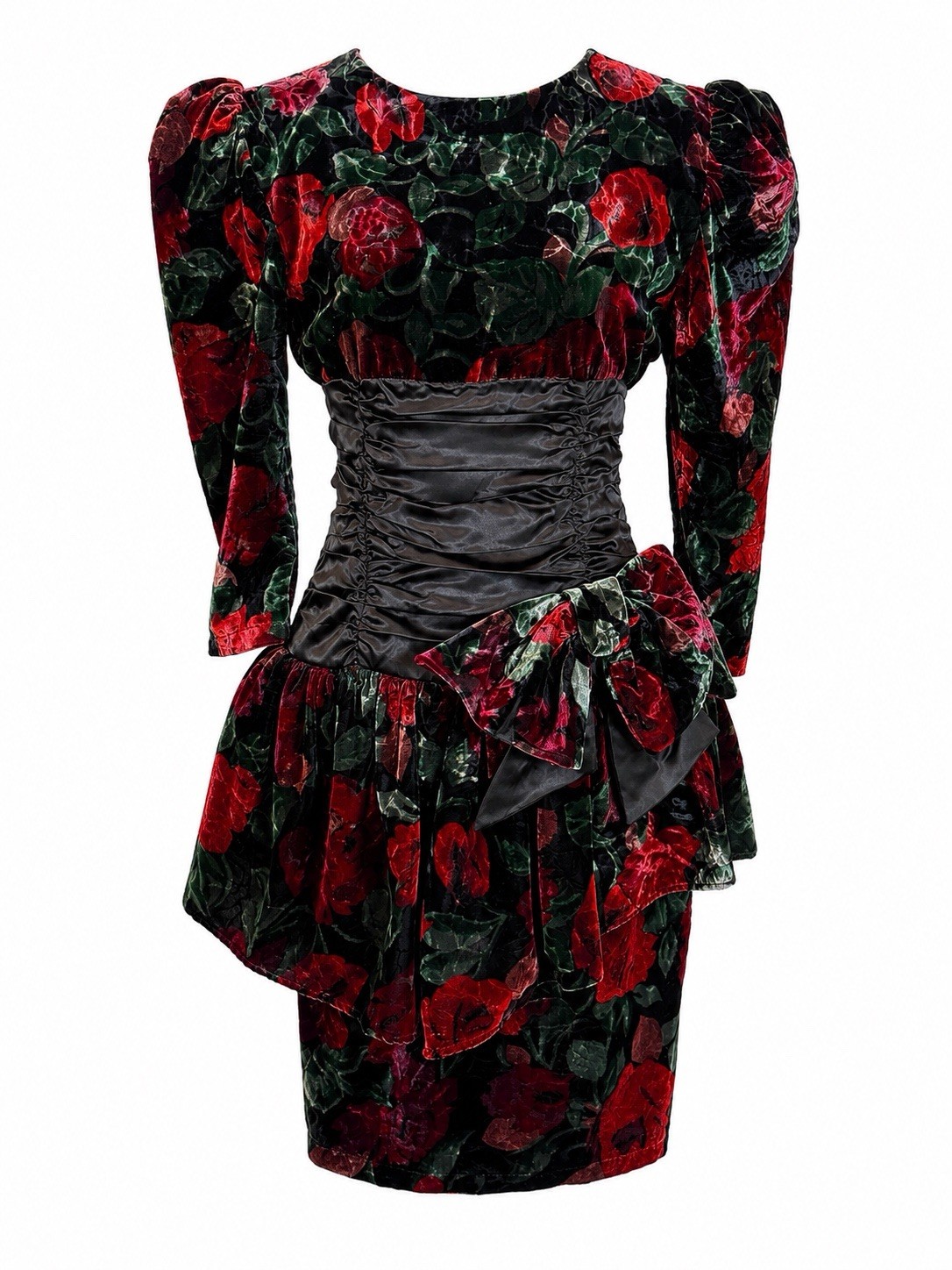 Vintage 1980s Party Dress M Black Red Velvet Floral Glam USA Puff Sleeve Bow