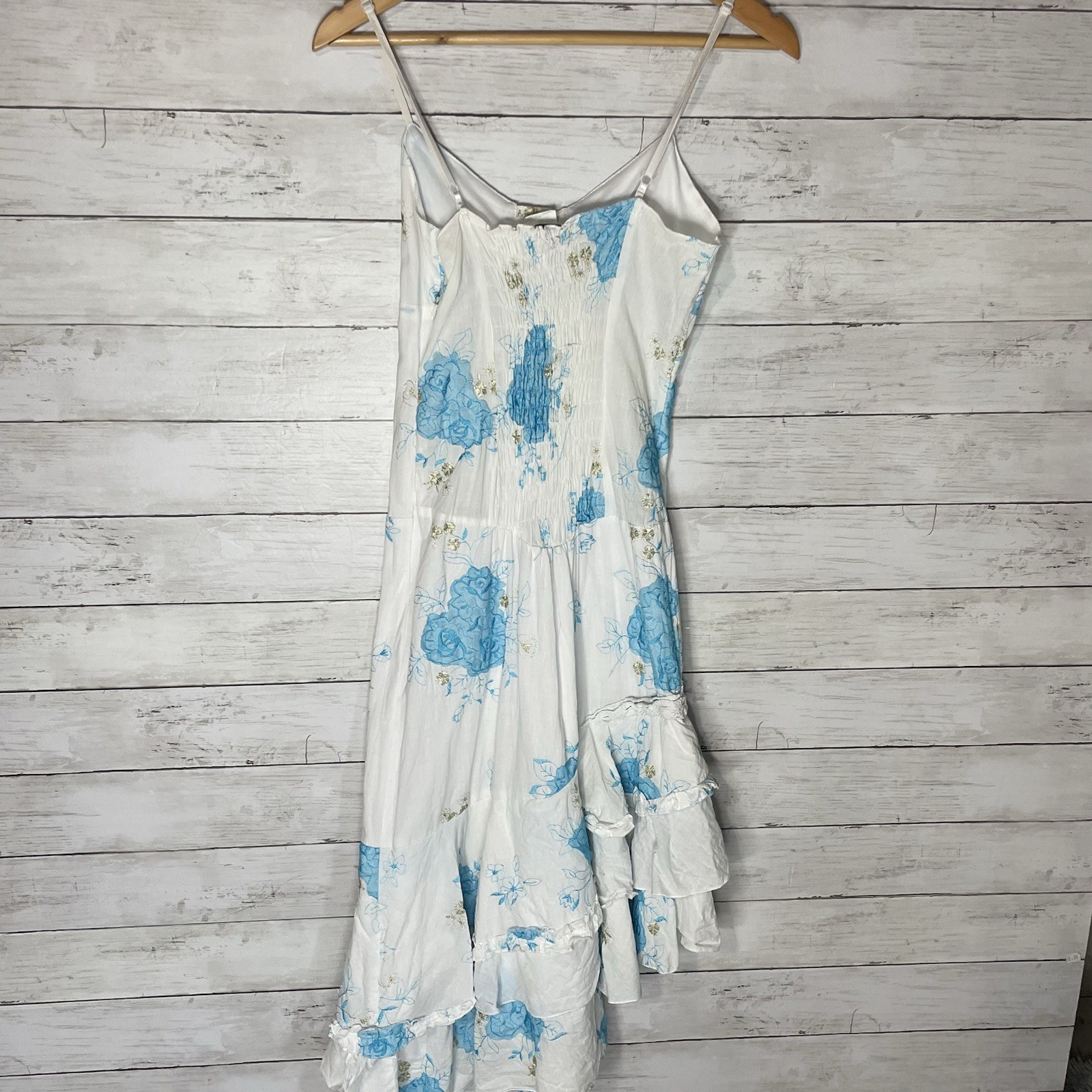 Vintage Griffin Paris Cottagecore Midi Dress Blue Floral Ruffle Hem Lace-Up Bust
