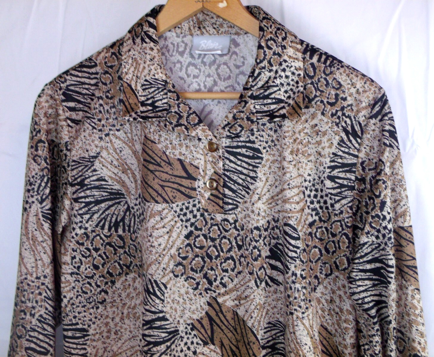 VTG Blair Brown Animal Print Collared 3/4 Slv Pullover Blouse Women Sze L 70s80s