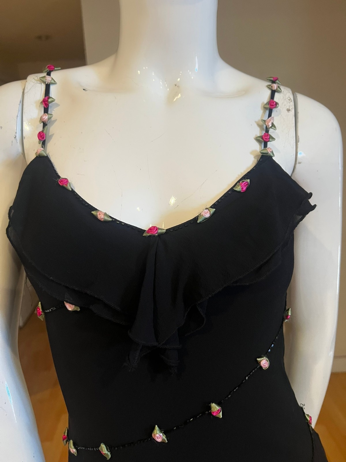 VINTAGE 90&rsquo;S Y2K CACHE BEADED SILK ROSETTE ASYMMETRICAL DRESS SZ 4 FAIRY GRUNGE