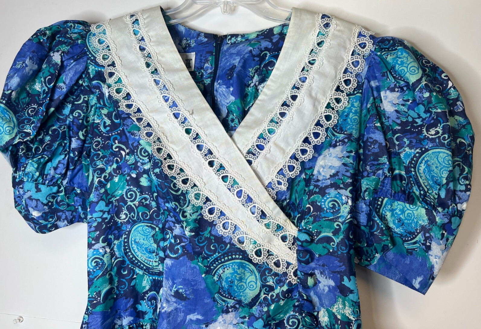VTG ACT I Women&rsquo;s Size 10 Blue Floral Garden Party Dress Full Skirt Lace Collar