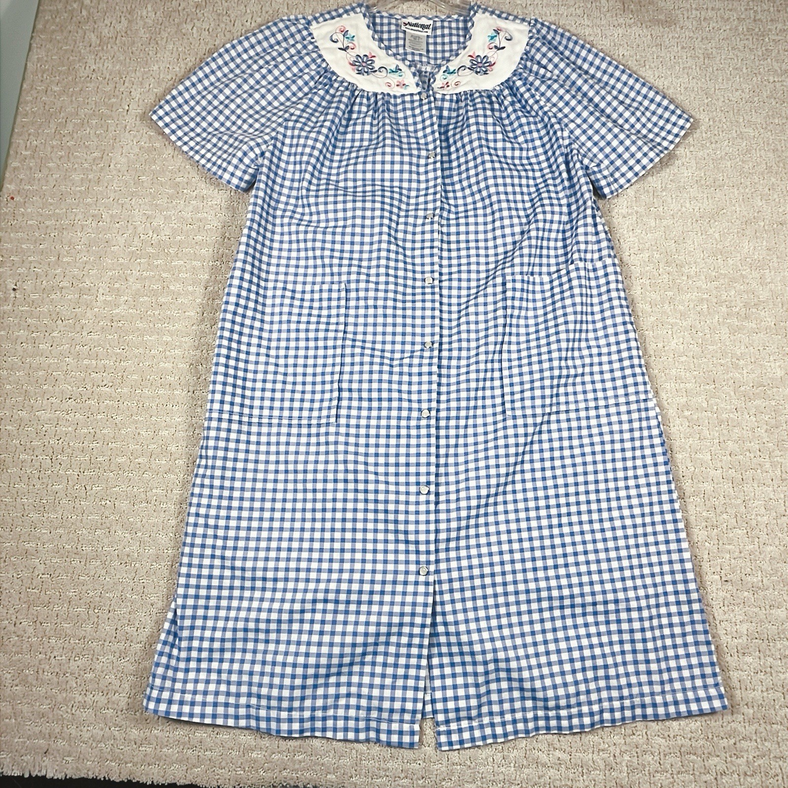 Vtg National Cottagecore Floral Granny Nightgown Gingham Check Housecoat Sz M