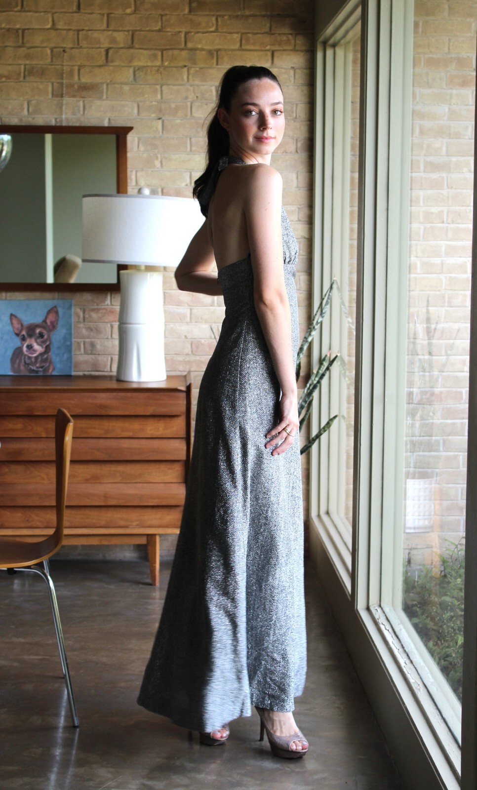 Vtg 60s 70s Young T Halter Maxi Dress XS/S Women Silver Lame&rsquo;