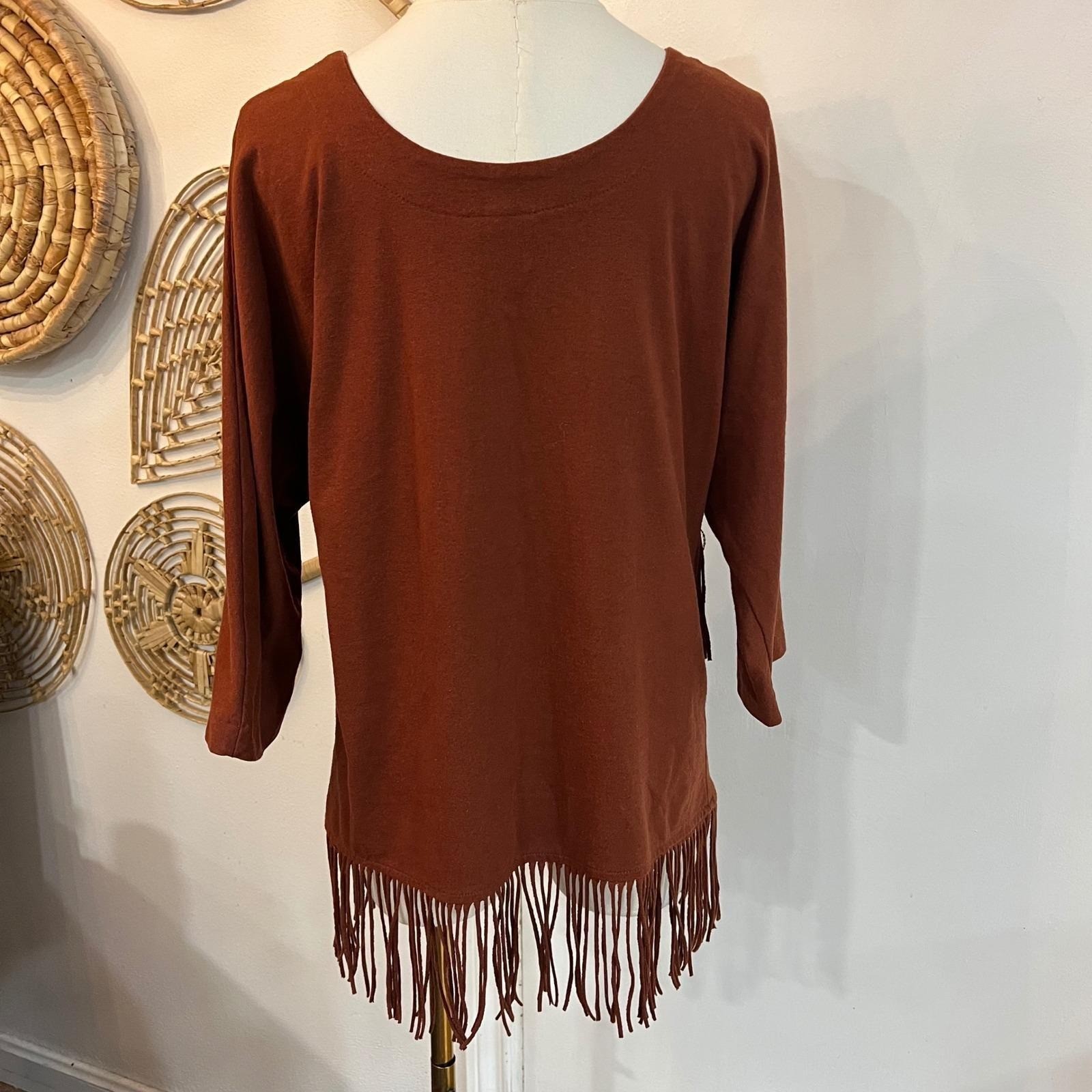 Vintage Western Fringe Tunic Top Rust Brown Boho Cowgirl Concho Size L