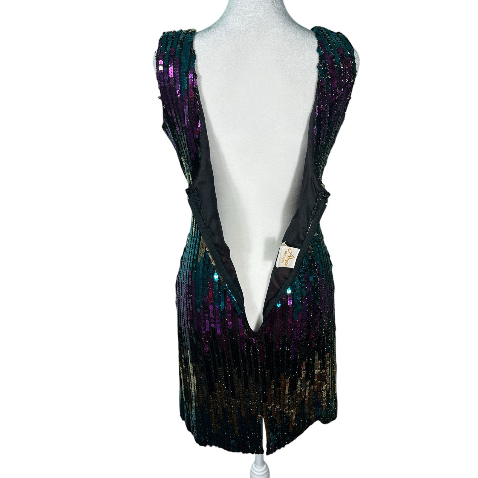 Vintage Alyce 1980s Sequin Mini Party Cocktail Dress Purple Green Gold Sz Med/10