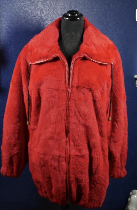Vintage Red Rabbit Fur Coat X-Large Bomber Jacket Zip